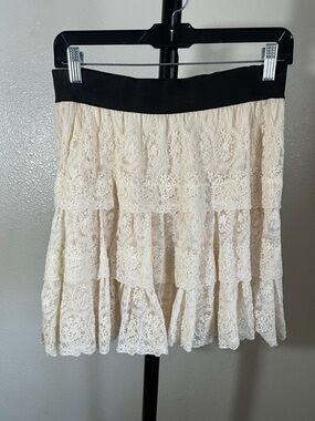 hazel Cream Lace Tiered Mini Skirt with Black Waistband